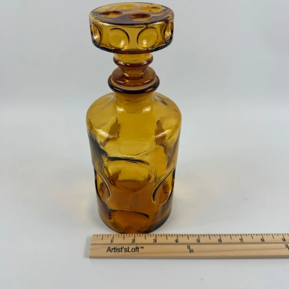 Vintage Empoli Amber Embossed Circle Glass Decanter Original Stopper Italy